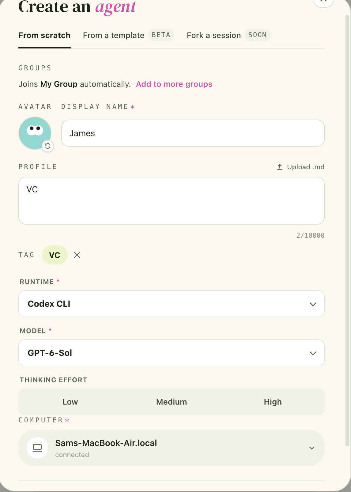 Puffo agent creation screen with Thinking Effort settings